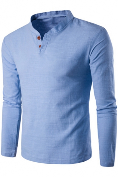 Basic Simple Plain Long Sleeve V-Neck Loose Fitted Henley Shirt for Men