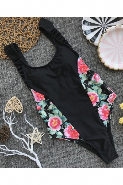 Black Fashion Floral Patchwork Ruffled Hem One-Piece Swimwear for Women