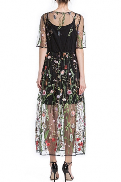 Chic Floral Embroidered Transparent Mesh Half-Sleeved Round Neck Black Maxi A-Line Dress with Liner