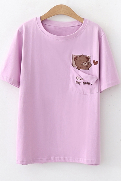 Cute Bear Letter GIVE MY HEART Embroidered Pocket Patched Short Sleeve Loose Fit T-Shirt