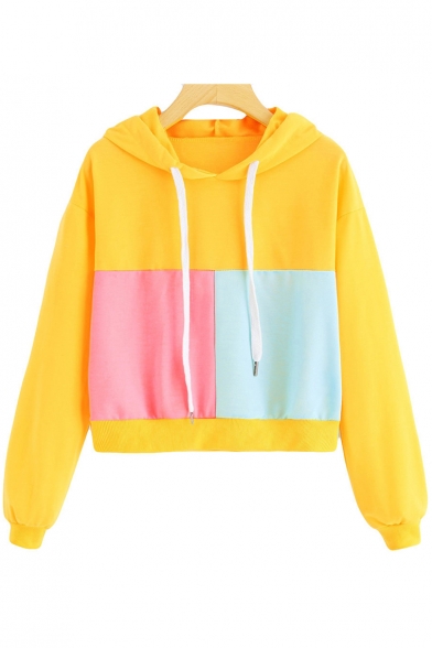 

Fashion Colorblocked Patchwork Long Sleeve Loose Fitted Yellow Drawstring Hoodie, LC504040