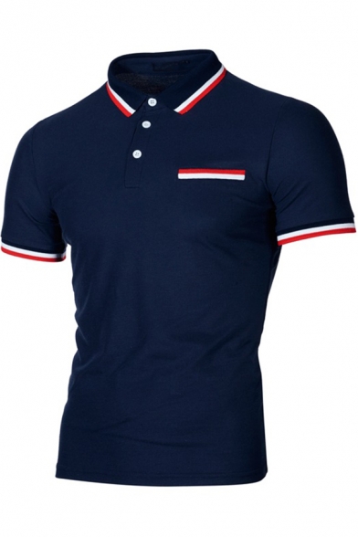 Fashion Contrast Striped Trim Rib Collar Short Sleeve Casual Polo Shirt for Men