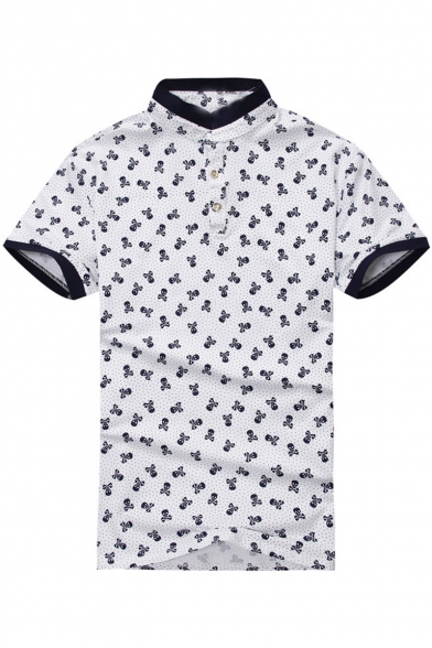 Guys Fashion Allover Skull Print Contrast Trim Stand-Collar Classic-Fit Cotton Polo