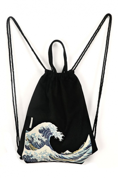 Japan Ukiyoe Surfing Print Drawstring Canvas Shopping Bag Backpack