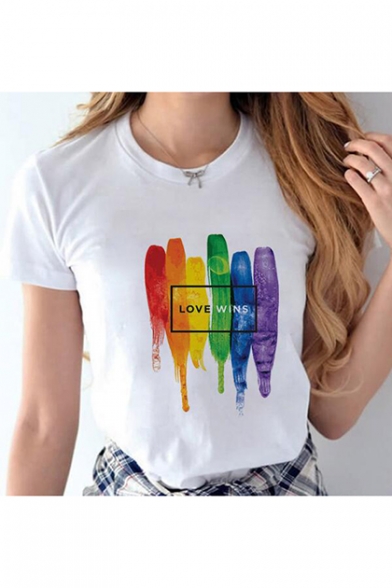 Letter LOVE WINS Rainbow Painted White Short Sleeve Graphic Tee