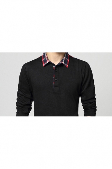 Men's Fashion Check Patched Collar Casual Classic-Fit Long Sleeve Polo Shirt