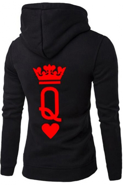 New Trendy Creative Crown King Queen Poker Print Black Hoodie for Couple