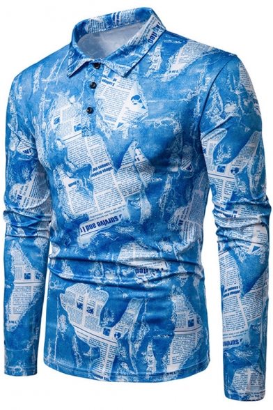 Retro Magazine Pattern Turn-Down Collar Long Sleeve Slim Fit Polo Shirt for Men