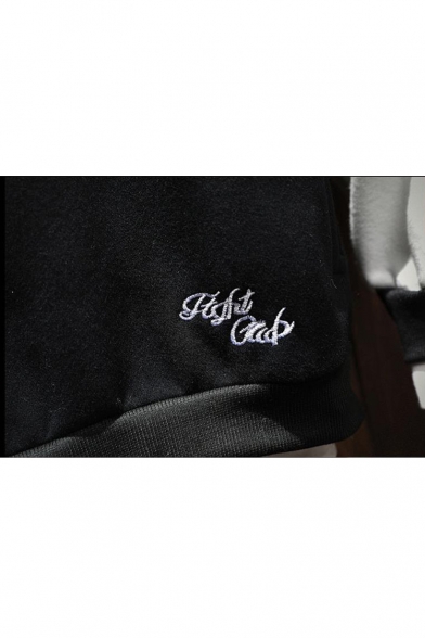 Simple Letter Embroidered Colorblocked Long Sleeve Loose Fleece Drawstring Hoodie