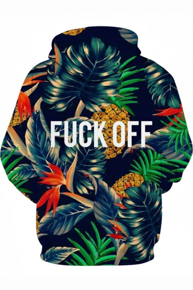 Simple Letter FUCK OFF 3D Tropical Leaf Printed Long Sleeve Blue Pullover Hoodie