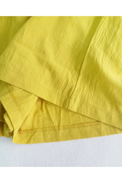 Stylish V-Neck Cropped Tied Top Drawstring Waist Loose Fit Shorts Plain Yellow Set for Women