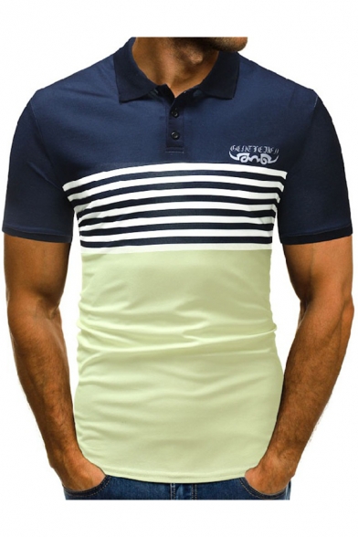 Summer Fashion Colorblock Striped Printed Classic Fit Logo Polo for Men