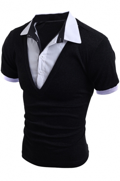 Summer Stylish Patched Fake Two Piece Collar Short Sleeve Slim Jersey Polo Shirt for Men