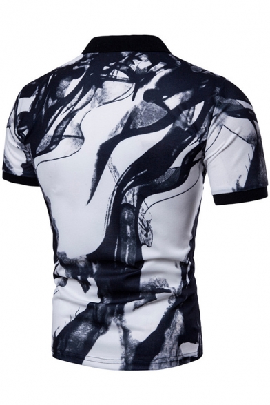Trendy Chinese Ink Smog Print Short Sleeve Two-Button Slim Fit Polo for Men