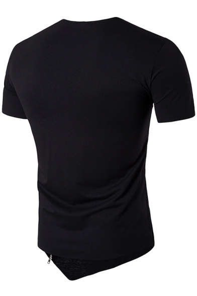 Unique PU Patchwork Zip Embellished Short Sleeve Slant Cut Bottom Fitted T-Shirt