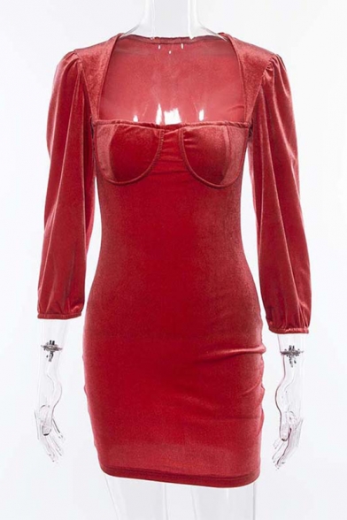 Women's New Stylish Square Neck Half-Sleeved Simple Plain Mini Bodycon Dress