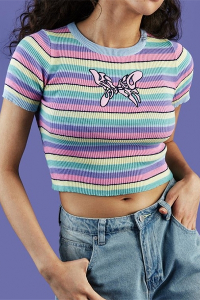 Chic Embroidered Colorful Striped Print Crewneck Short Sleeve Cropped Knit T-Shirt