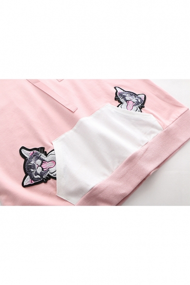 Cute Cartoon Cat Embroidered Kangaroo Pocket Long Sleeve Loose Fit Hoodie