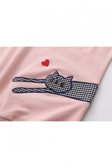 Cute Cartoon Plaid Cat Heart Print Bow-Tied Collar Long Sleeve Pullover Sweatshirt