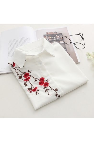 Fancy Floral Embroidered Short Sleeve Tied Waist Button Down White Linen Shirt