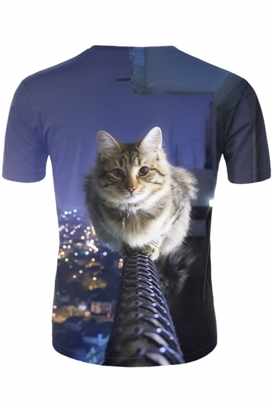 Fashion 3D Rope Cat Print Blue Short Sleeve T-Shirt