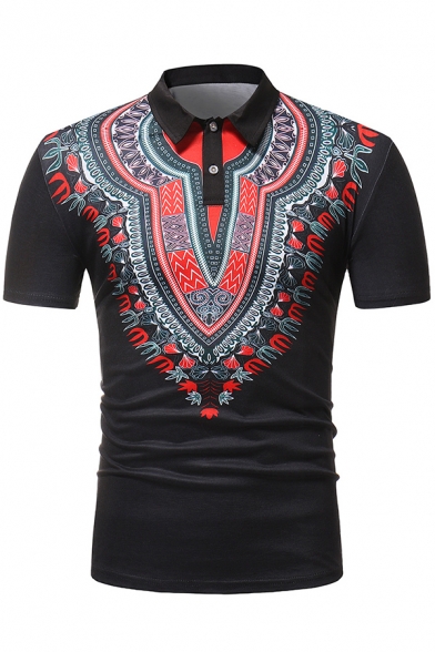 Fashion African Tribal Printed Short Sleeve Two-Button Regular Fit Polo Shirt for Men