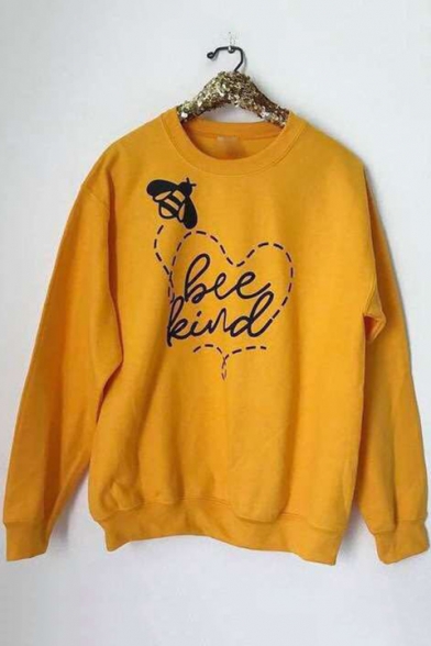 Funny Letter BEE KIND Printed Crewneck Long Sleeve Yellow Pullover Sweatshirt