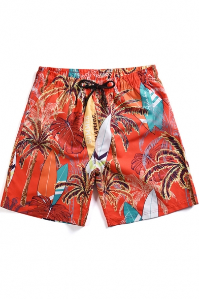 Men's Summer Stylish Coconut Palm Print Drawstring Waist Beach Surfing Orange Swim Shorts