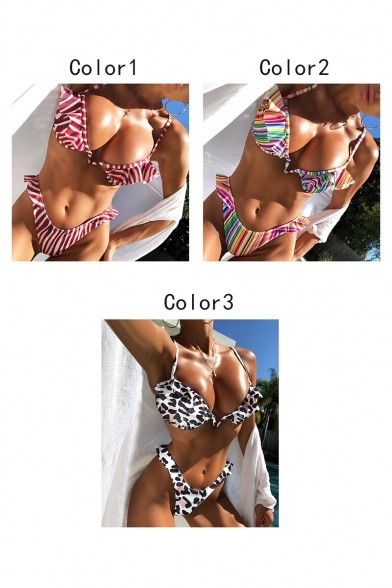 New Stylish Fashion Ruffled Hem Striped Leopard Print Bikini Swimwear