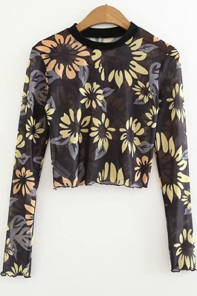 New Trendy Fashion Floral Printed Slim Fit Black Cropped Sheer Long Sleeve T-Shirt