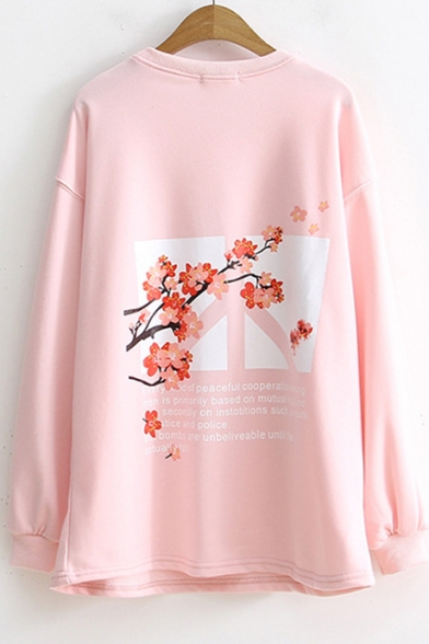 Simple Floral Printed Crewneck Long Sleeve Loose Casual Pullover Sweatshirt