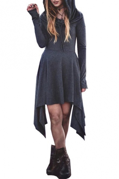 Simple Plain Fashion Long Sleeve Asymmetrical Hem A-Line Hoodie Dress