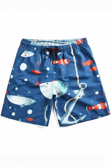 Summer Fashion Tropical Fish Printed Drawstring Waist Quick-Dry Blue Swim Trunks for Men