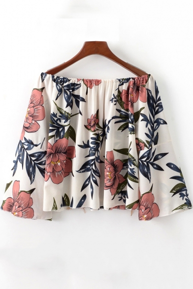 Summer New Trendy Floral Printed Off the Shoulder Long Sleeve Blouse Top