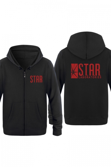 Popular Letter STAR Pattern Long Sleeve Fitted Zip Up Hoodie