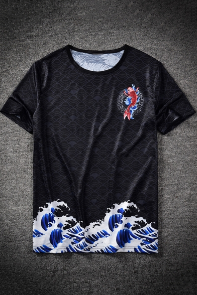 Ukiyo-e Carp Wave Fashion Printed Summer Round Neck Short Sleeve Black T-Shirt