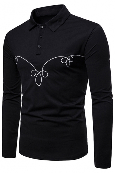 Unique Floral Embroidered Men's Three-Button Long Sleeve Fitted Polo Shirt