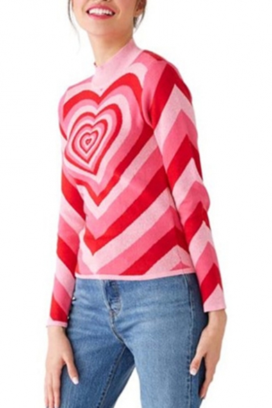 Unique Pink Heart Whirlpool Mock Neck Long Sleeve Slim Fit Sweater