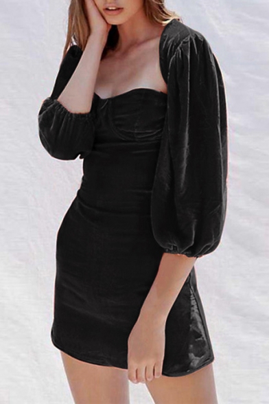 Women's New Stylish Square Neck Half-Sleeved Simple Plain Mini Bodycon Dress
