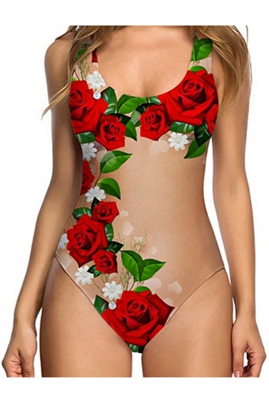 Women's Summer Sexy Transparent Fashion Floral Printed Scoop Neck One-Piece Swimsuit