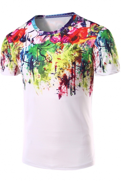 3D Floral Tie Dye Print White Basic Short Sleeve T-Shirt