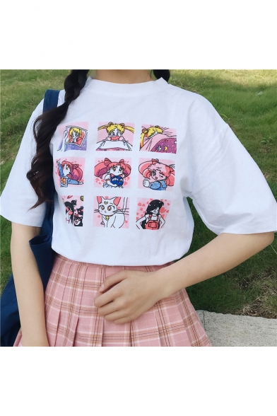 Cartoon Sailor Moon Print Half-Sleeved Loose Fitted T-Shirt for Girls