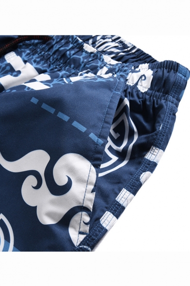 Chinese Style Cloud Printed Drawstring Waist Quick-Dry Flap Pocket Back Blue Swim Shorts