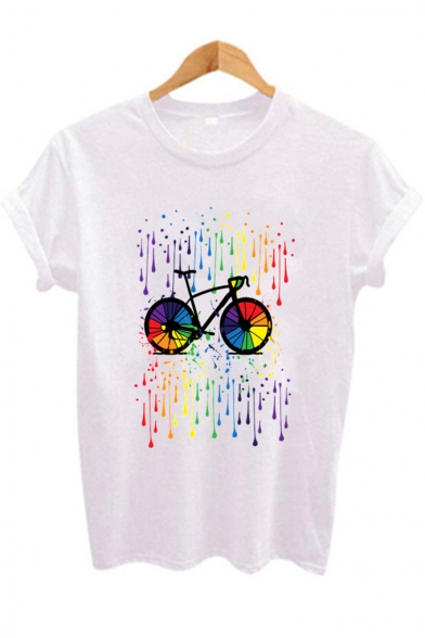 Creative Abstract Bike Pattern Short Sleeve Basic White T-Shirt