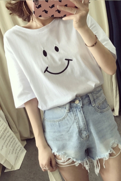 Cute Cartoon Happy Face Print Loose Fit Summer Short Sleeve T-Shirt