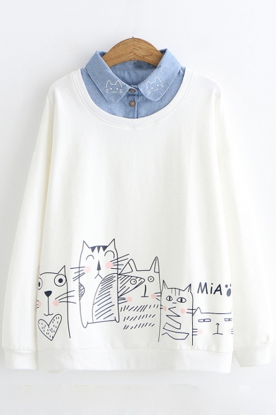 Denim Patched Collar Cartoon Cat Printed Long Sleeve Pullover Sweatshirt