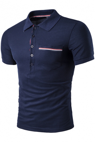 Fancy Striped Pocket Patched Chest Short Sleeve Men's Slim Fit Business Polo