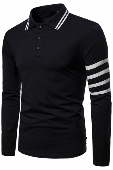 Fashion Four Striped Long Sleeve Rib Collar Men's Slim Fit Polo Shirt