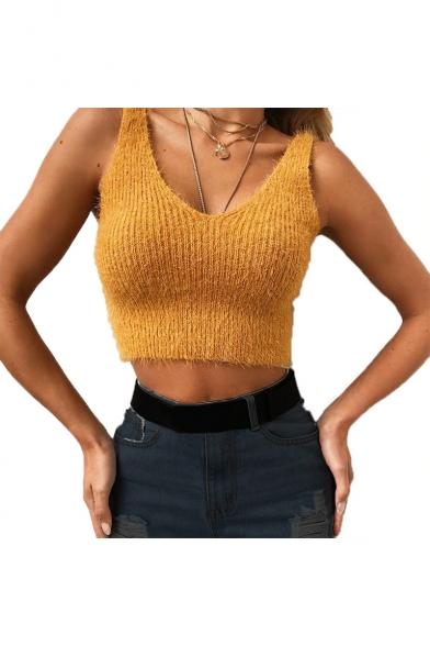 Fashion Solid Mohair V-Neck Sleeveless Cropped Slim Tank Top
