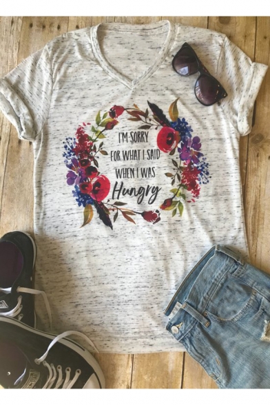 

Floral Letter I' SORRY FOR WHAT I SAID WHEN I WAS HUNGRY V-Neck Cotton Heather Grey Tee, LC505803